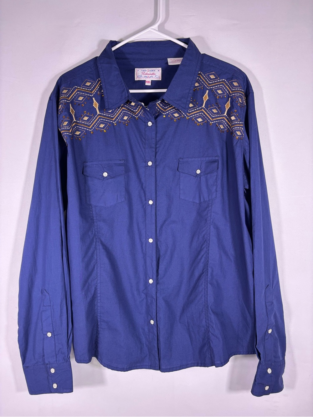 Panhandle Western Pearl Snap Shirt Blue Embroidered Rhinestone Size XXL